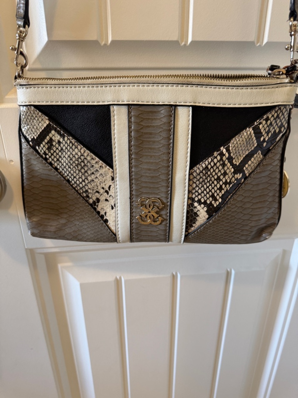 GUESS Taupe, Black & Cream Snake-Accent Crossbody Bag